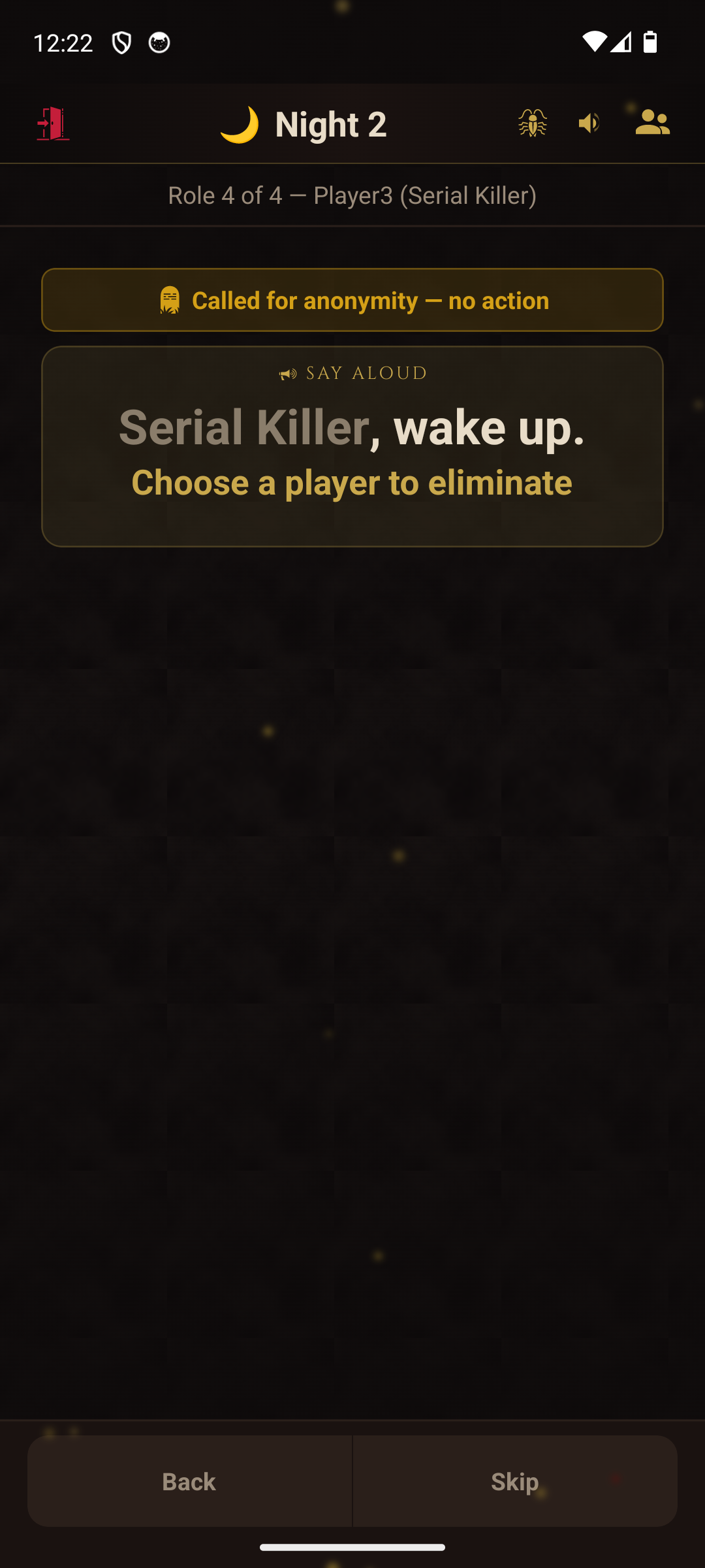 App showing 'Called for anonymity — no action' banner