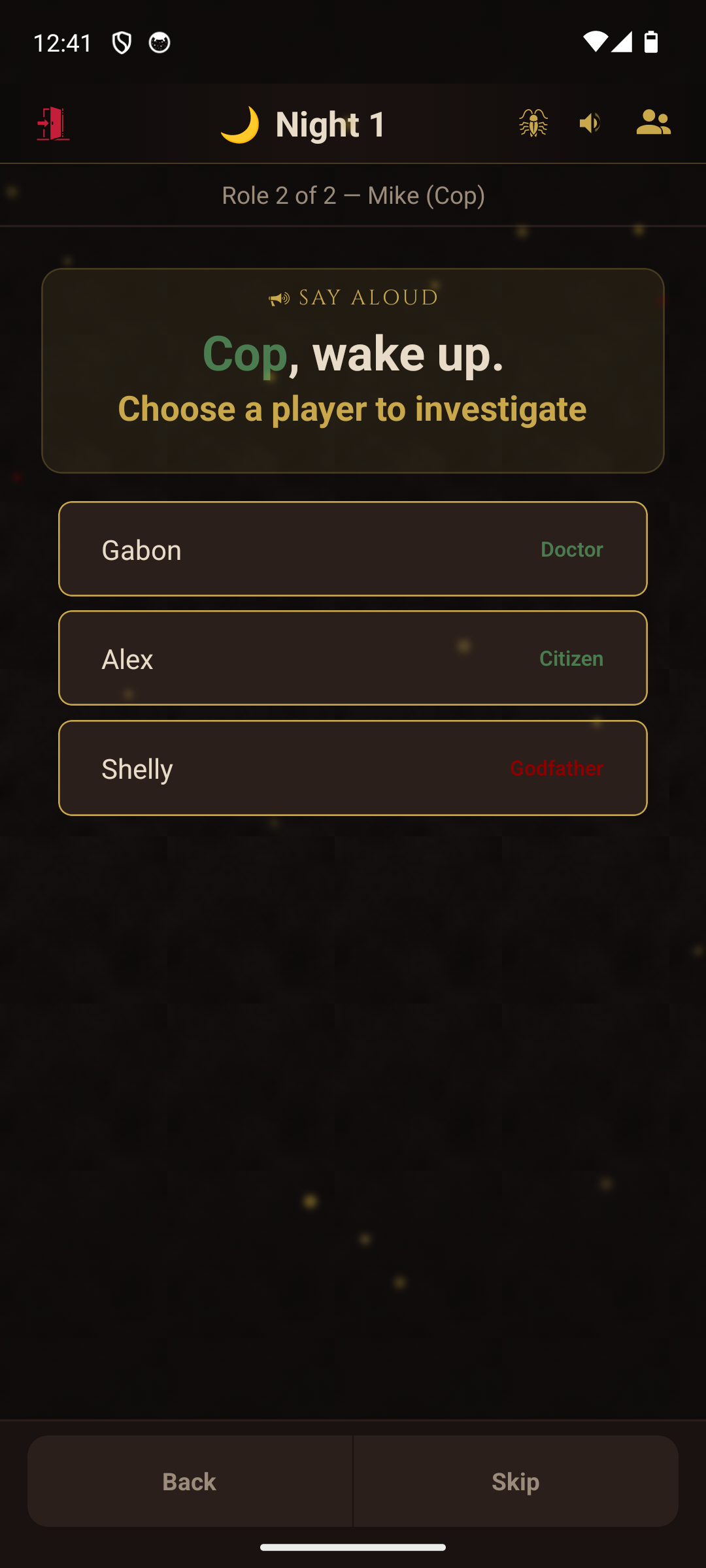 Night phase showing Cop wake-up with player investigation choices