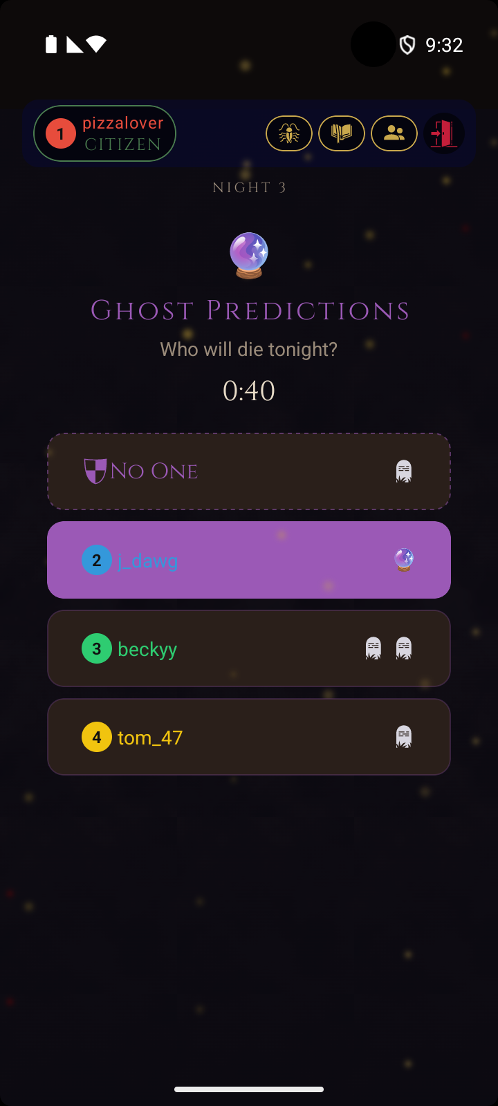 Ghost predictions screen - dead players predict who will die tonight