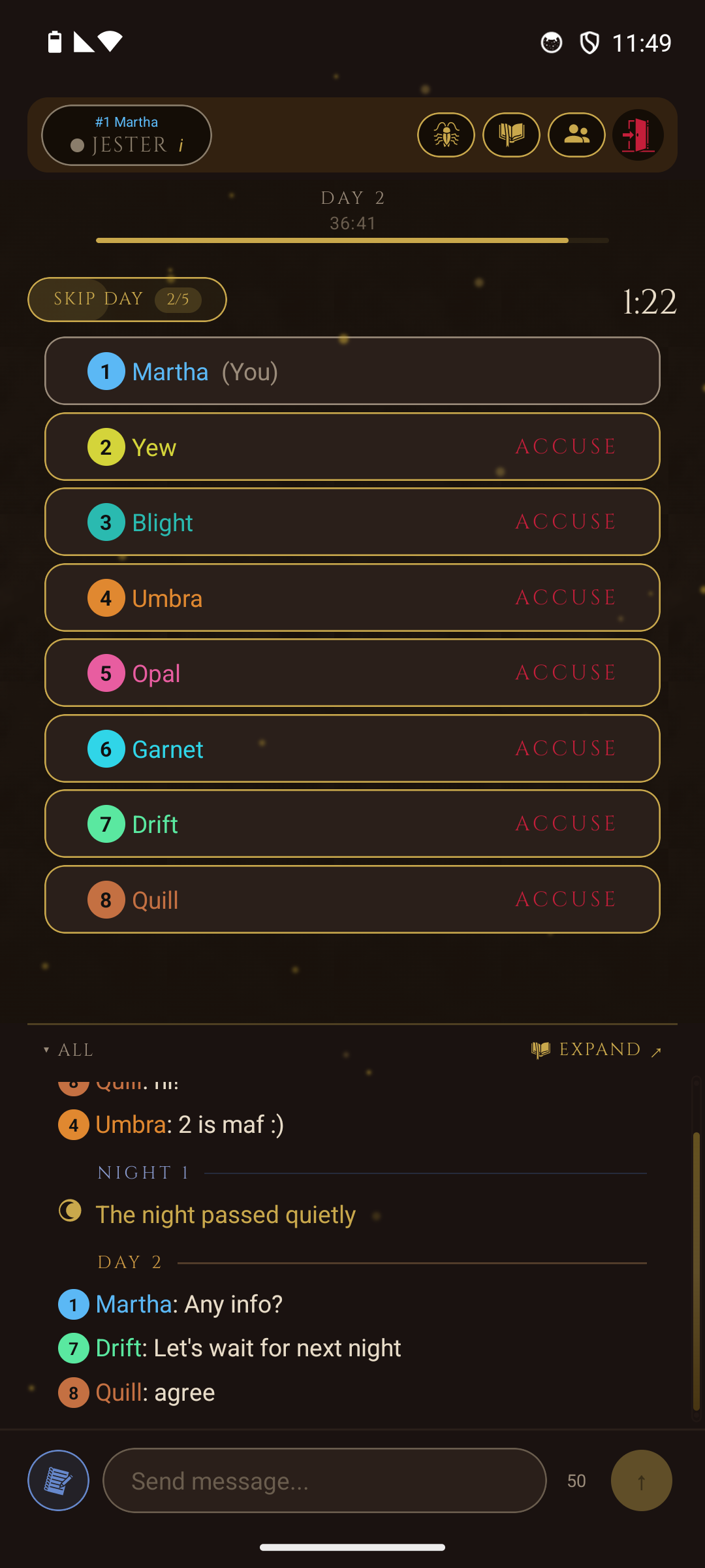 Live game showing day phase with player list, voting, and chat