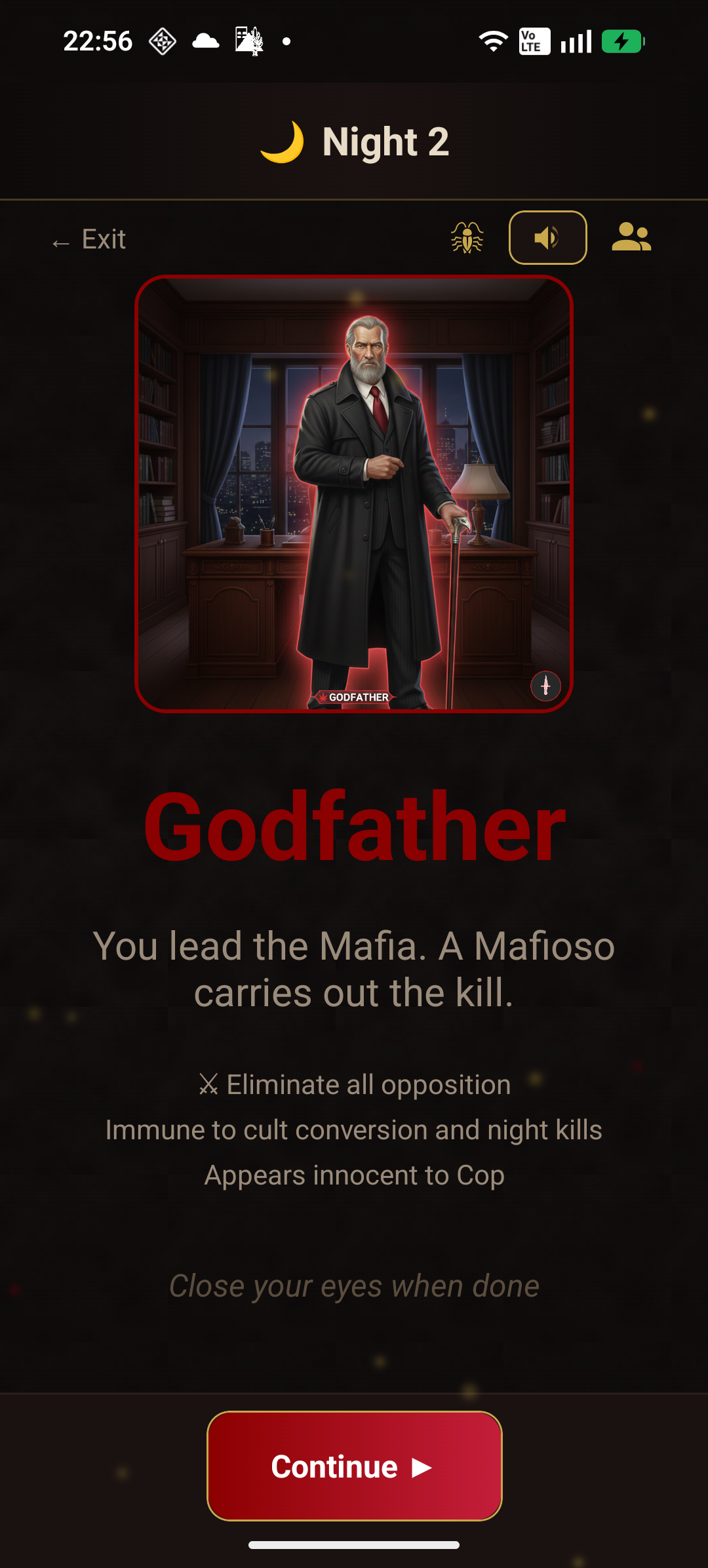 Moderator phone showing Godfather night action with role card and traits
