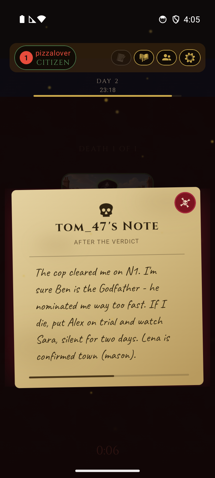 Last testament parchment shown after a lynch - the dead player's note revealed to everyone