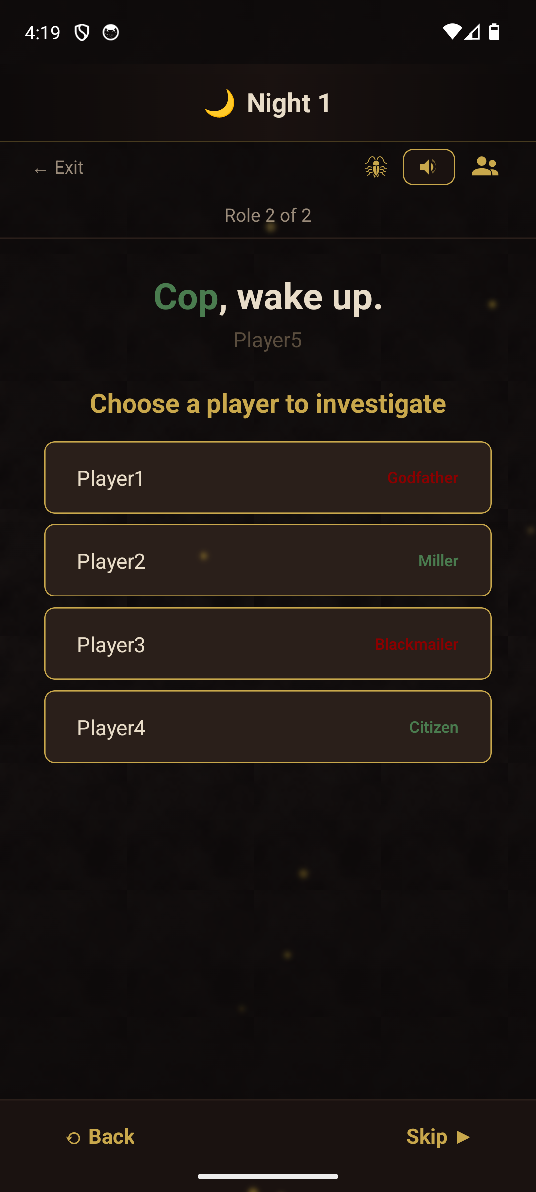 App showing Cop night action — Choose a player to investigate