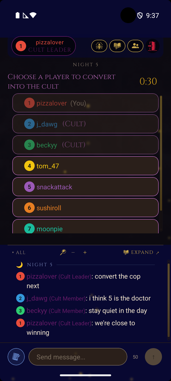 Online game - night phase with the Mafia choosing a target and team chat