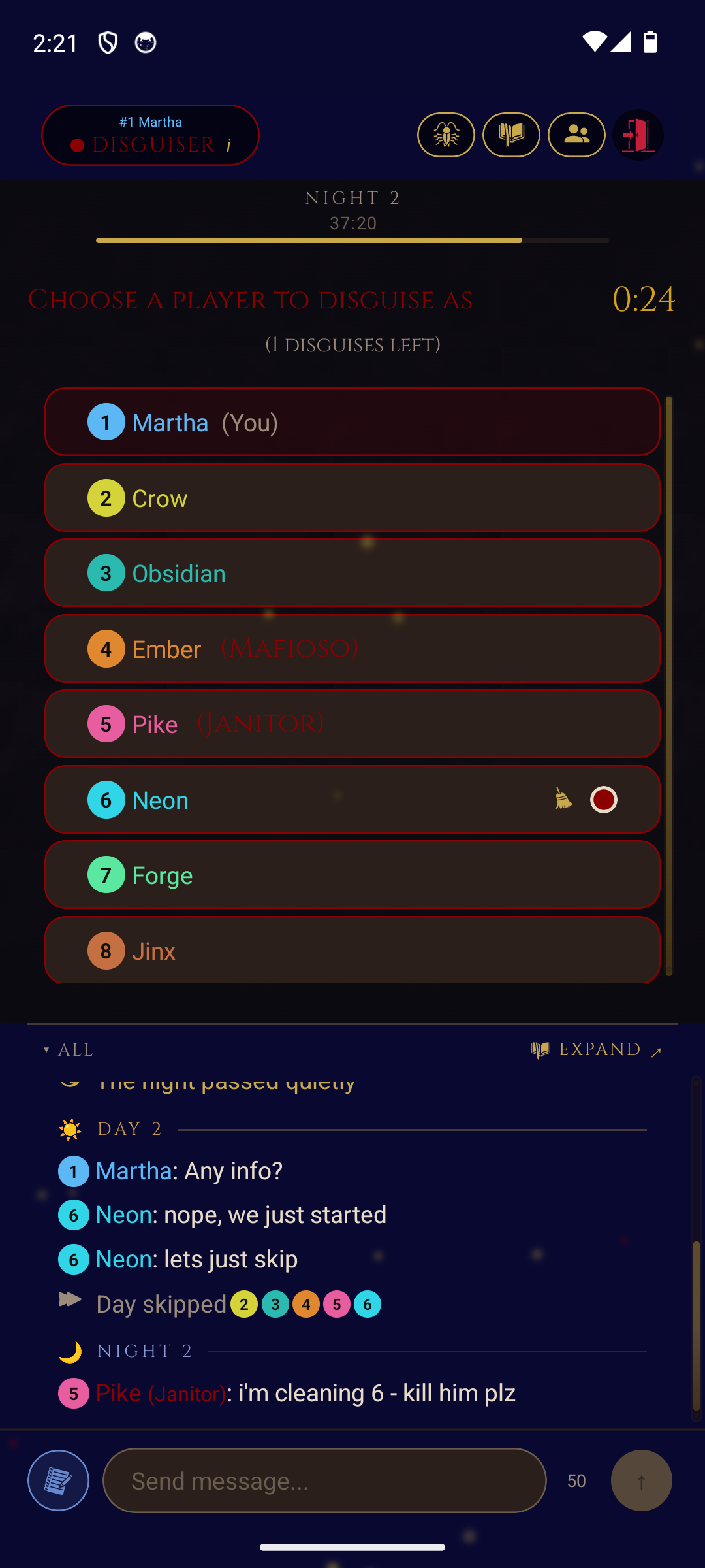 Online game — night phase with disguise target selection and chat