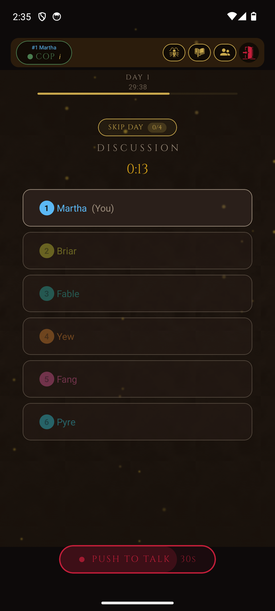 Online day phase with push-to-talk voice chat