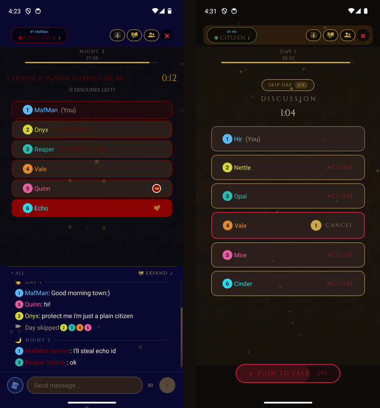 Online game — choosing a night target with chat visible