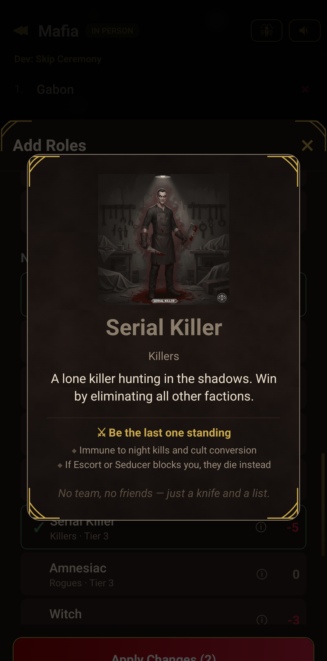Role card showing the Serial Killer role with abilities and win condition