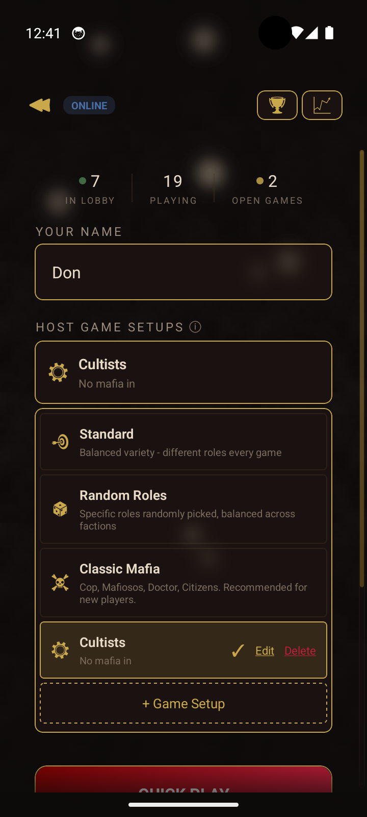 Online browse screen with player stats and host game setups list